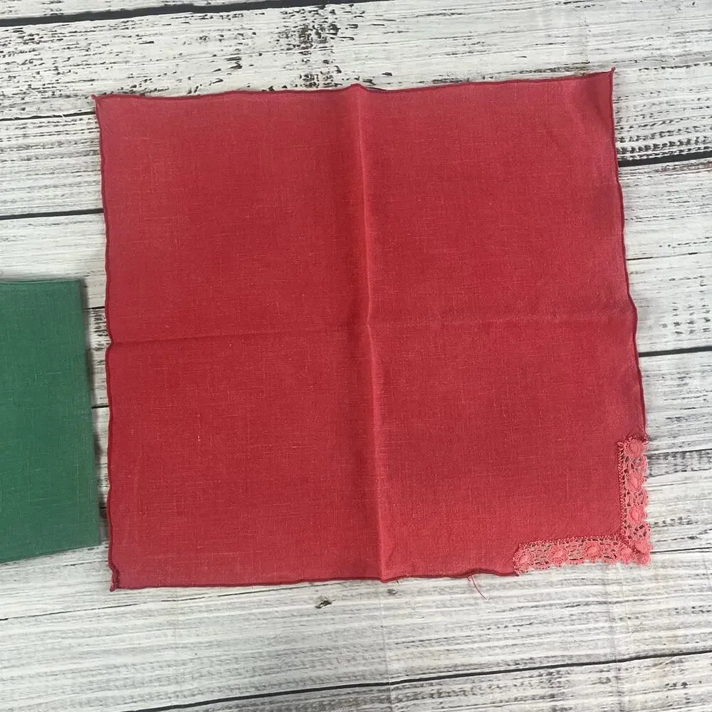 Vintage 4pc Linen Square Napkins Handkerchief Set Red Green Yellow Lace 14.5